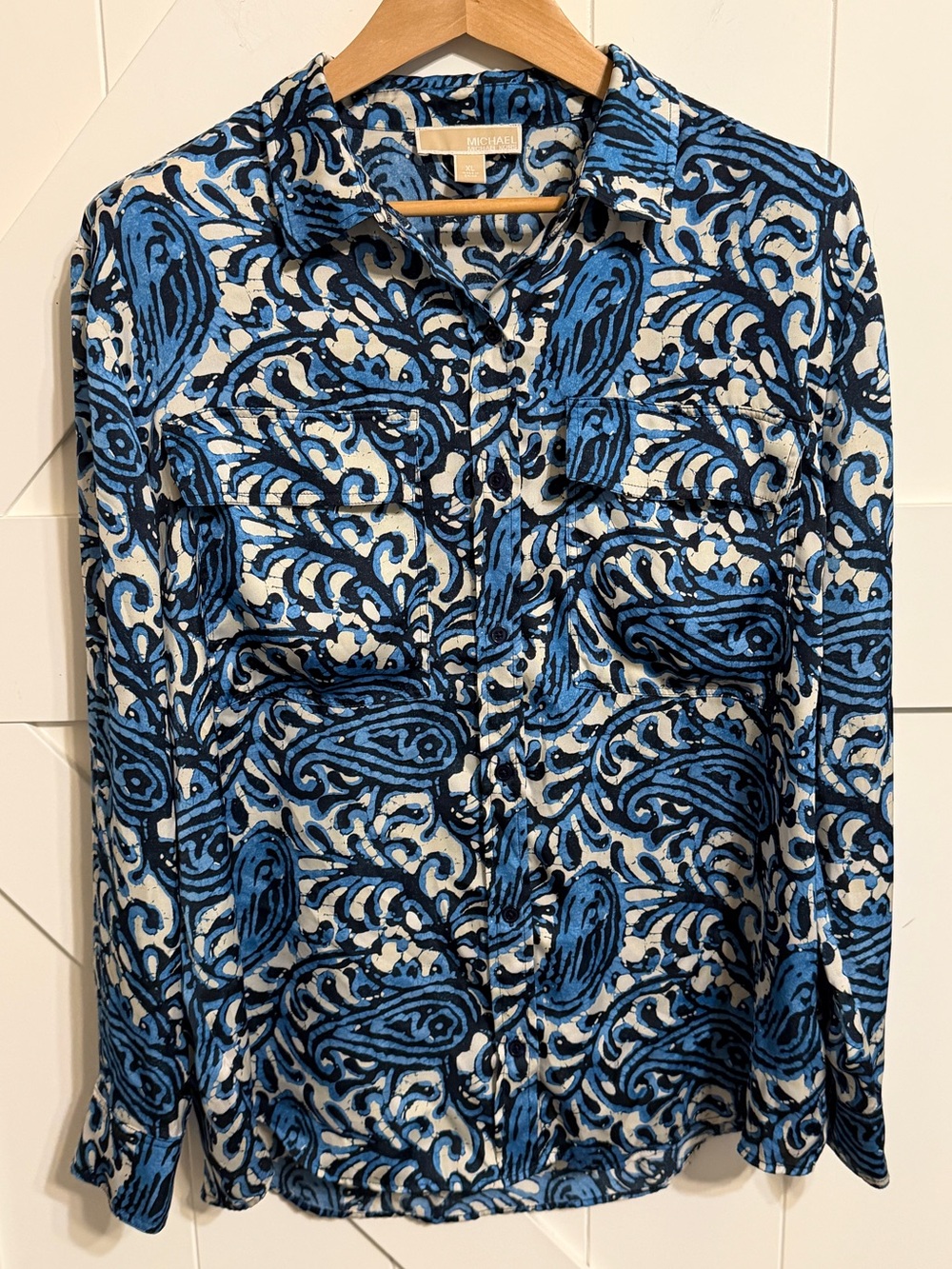 Michael Kors Women’s XL Blue, Black and White Paisley-Print Button-Up Blouse